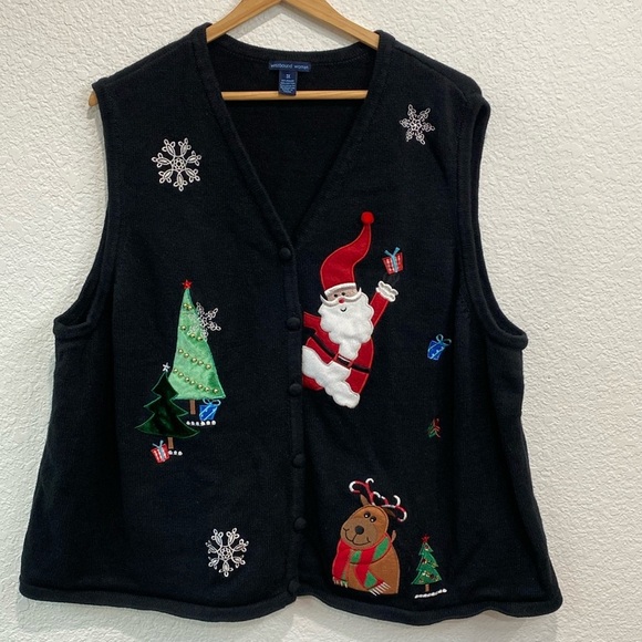 Westbound Woman Black Ugly Christmas Winter Button Front Sweater Vest Size 3X - Picture 1 of 6